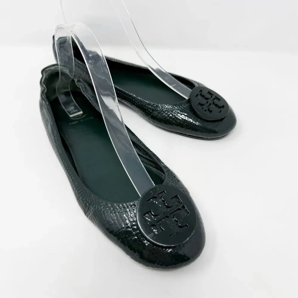 Tory Burch Dark Green Crinkly Patent Leather Minnie Flats Size 8.5 T Logo Detail